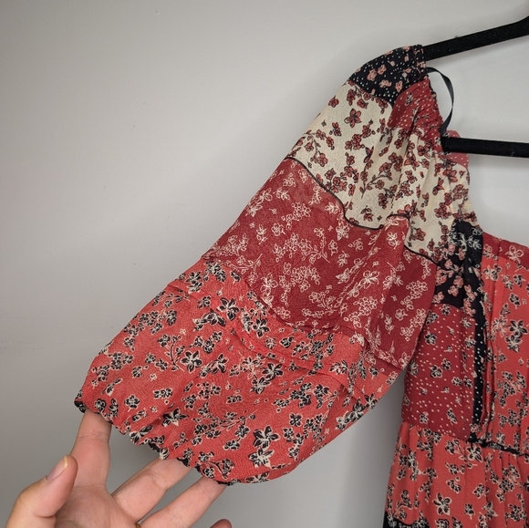 Forever 21 Boho Floral Patchwork Off Shoulder Midi Dress Women Medium Red Black - Picture 5 of 10